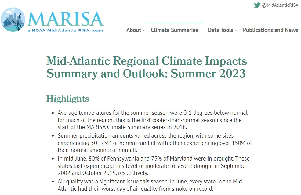 Quarterly Climate Impacts and Outlook for the MidAtlantic Region